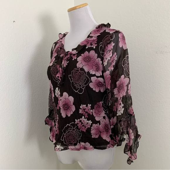 Vintage Y2K Separates Silk Floral Angel Wing Blouse Women’s Petite L Pink Brown - Picture 4 of 17